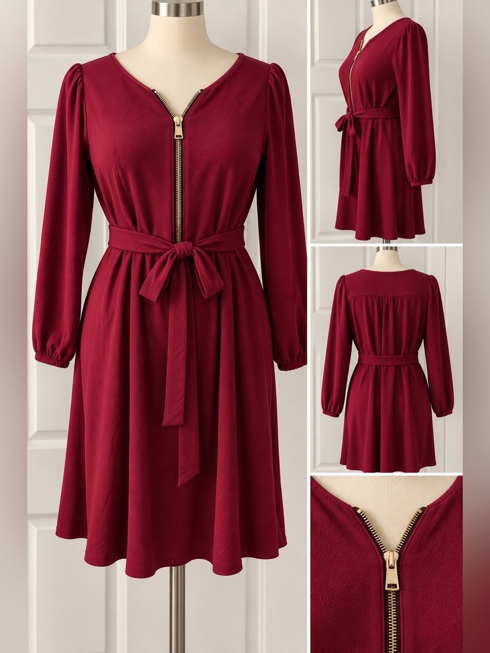 Roz & Ali burgundy, long sleeve dress with tie